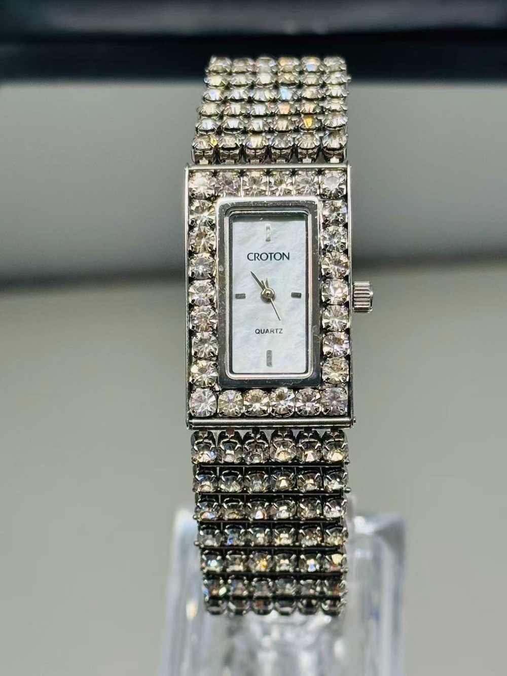 Vintage Croton Quartz CZ Diamond Case Women’s Watch Silver Tone New Battery Runs